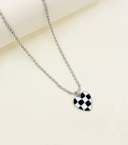 Checker Print little Heart Charm Necklace